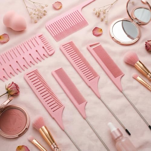 Patelai 6 Pack Pink Highlighting Hair Combs for Weaving & Styling (Classic Style)