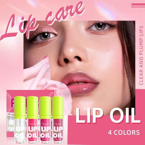 4 Colors Hydrating Lip Oil Plumping + Lip Liner Set, Shiny Glow Reviver Lip Care Oil, Moisturizing Big Brush Head Clear Pink Glitter Transparent Lip Gloss Combo Makeup Present for Women