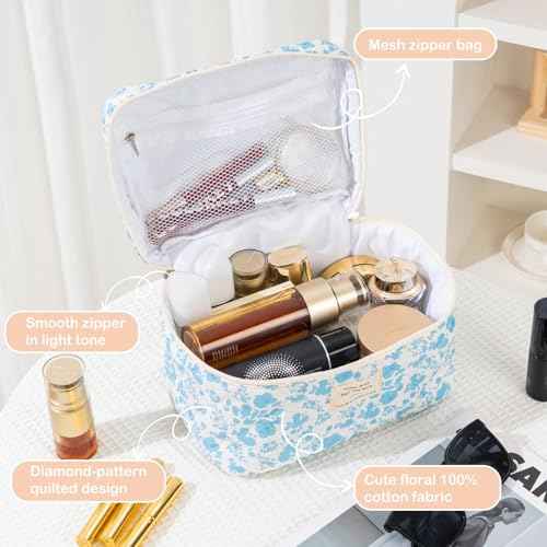 Makeup Bag for Women 3PCS Quilted Cotton Make Up Bag Travel Cosmetic Bag Large Makeup Bag Set Cute Bag Organizer Floral Toiletry Pouch for Purse, Azure Blue