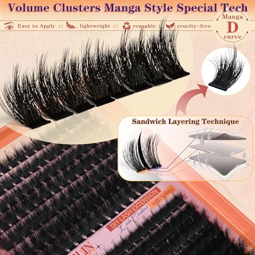 Thick Lash Clusters With Spikes 180D+280D Volume Eyelash Clusters 12-22MM Long Manga Lash Extension Spiky Cluster Eyelash Extensions 224Pcs Manga Individual Lashes DIY at Home by Anforlin