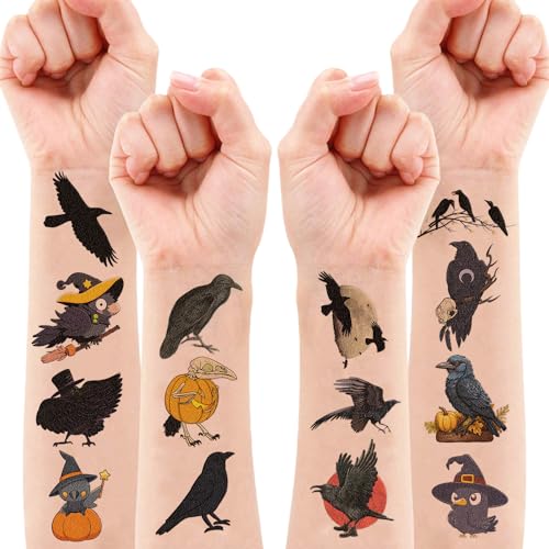 100 PCS Raven Crow Temporary Tattoos for Kids Halloween