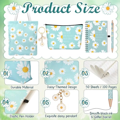 5 Pcs Daisy Gifts Set for Women Daisy Flower Themed Tote Bag Cosmetic Bag Keychain Pen Notebook Encouragement Inspirational Positive Vibes Gift for Women Friendship Birthday Christmas