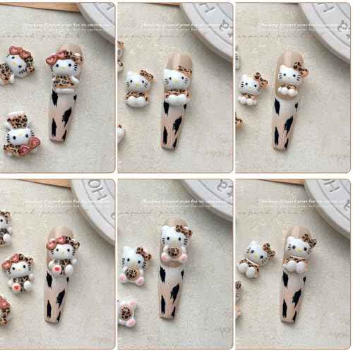 Cute 3D Nail Charms 60Pcs Cartoon Leopard Print Cat Nail Art Charms Jewelry Supply Kawaii 3D Leopard Print Cat Nail Gems Rhinestones for Acrylic Nails DIY Craft Phone Case Decoration