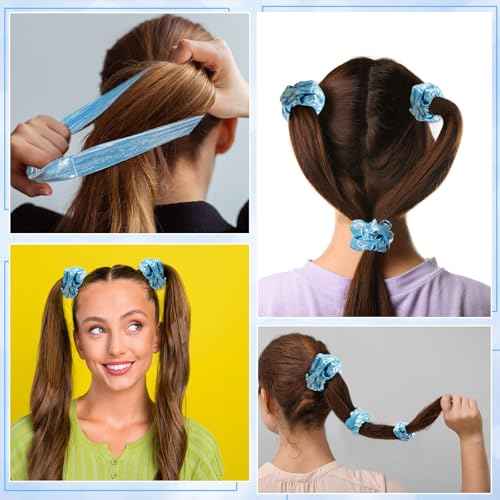 Taiyin 24 Pieces Shiny Metallic Scrunchie Solid Scrunchies Hair Ties Hair Elastics Accessories Elastic Band for Women Gym Dance Cheerleading Softball Volleyball Baseball Team(Light Blue)
