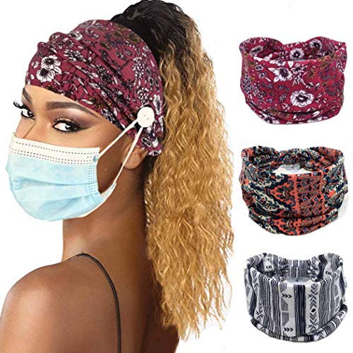 VFlowee Boho Headbands for Women Hair Bands Wide Turban Headband Stretchy Head Wraps Bohemian Head bands with Buttons for Mask (3 pack)