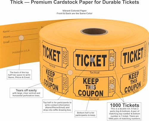 1000 Tacticai Raffle Tickets, Orange (8 Color Selection), Double Roll, Ticket for Events, Entry, Class Reward, Fundraiser & Prizes