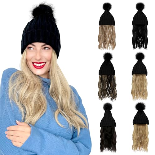 Women's Beanie Hat with 20" Wavy Hair Extensions - Knit Pom Cap