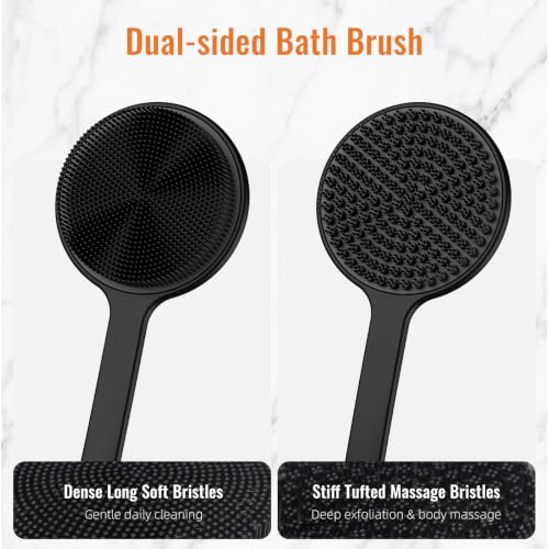 17" Silicone Back Scrubber with Long Handle Double-Sided Shower Brush