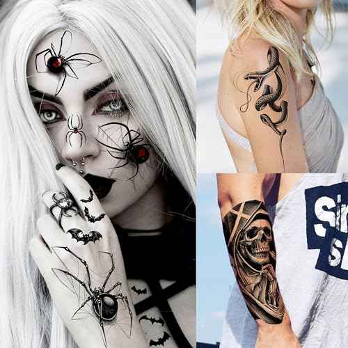 61 Sheets Halloween Temporary Tattoos for Men Women Adults, 12 Sheets Skeleton Death Skull Demon Devil Half Arm Sleeve Fake Tattoo Stickers, 49 Sheets Spider Web Bat Snake Vampire Scar Face Tattoos