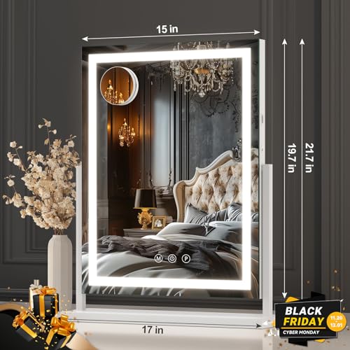 Hasipu Vanity Mirror with Lights, Lighted Makeup Mirror with 10X Magnification, Dimmable 3 Modes, Touch Screen Control, Led Makeup Mirror 17 x 22 Inch
