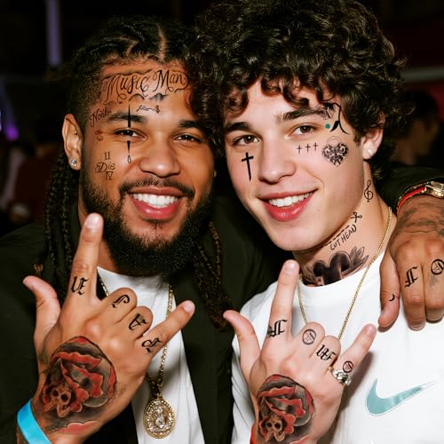4 Sheets Cosplay Hip-Hop Temporary Face and Body Tattoos ? Rapper-Inspired Fake Tattoo Stickers for Men, Women and Kids ? Realistic Waterproof Tattoos for Cosplay, Halloween, Parties