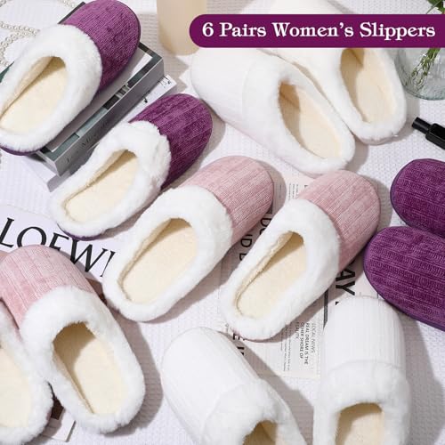 3 Pairs 6 Pairs Warm Fuzzy House Slippers for Women Size 7-8 8-9 with Thick Anti-slip Soles Winter Fluffy Indoor Outdoor Knit Plush Soft Slipper Shoes Pink Purple White