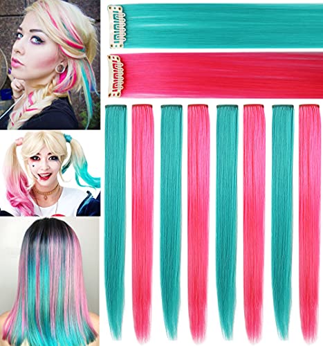 Rhyme Multi-color Hair Extensions for Girls Princess Party Highlight 21 inch Colored Hair Extensions Clip in/on for Girls and Kids Wig Pieces 8PCS (Teal Pink)