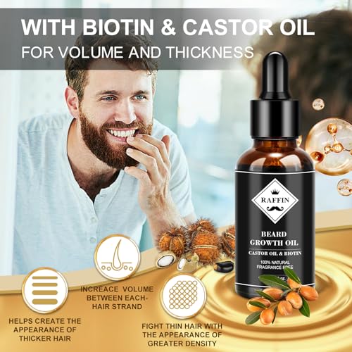 Beard Growth Kit, Upgraded Beard Growth Oil (2Oz) w/3 X Thickening Biotin & Castor Oil for Spot/Patchy Beard, Achieve Fuller, Thicker & Healthier Beards, Birthday Gifts for Men Him Boyfriend Husband