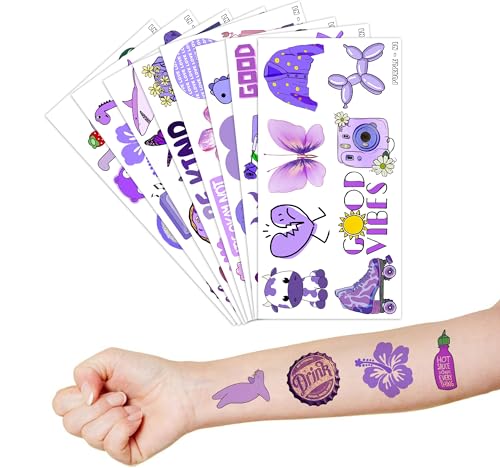 Purple Temporary Tattoos - 76 Pieces, 8 Sheets Waterproof