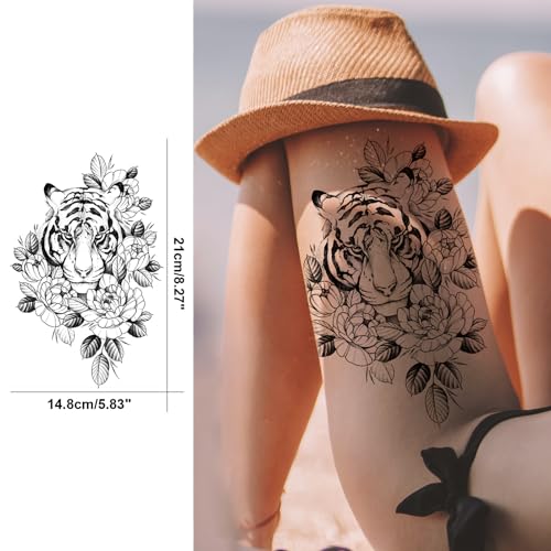 Animal Flower Temporary Tattoo For Women Half Sleeve, Large Realistic Tiger Lion Floral Fake Tattoo Adult Girl Thigh Chest, Black Leopard Pendant Temp Tatoo Sticker Arm Back Body Art Makeup, 8-Sheet
