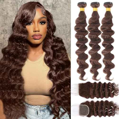 Brown Bundles with Closure Human Hair Loose Wave Human Hair Bundles with Closure (20 22 24+18£©12A Brazilian Virgin Hair Light Brown Loose Deep Wave 3 Bundles with 4x4 Closure 4# Color