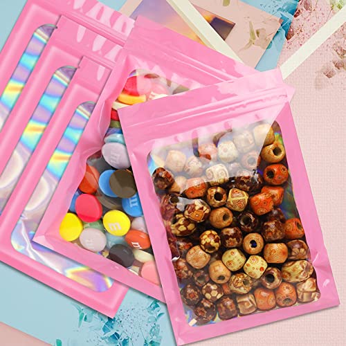 Pink 3x4.7 Inch Resealable Holographic Mylar Bags for Food & Cosmetics - 100 pcs