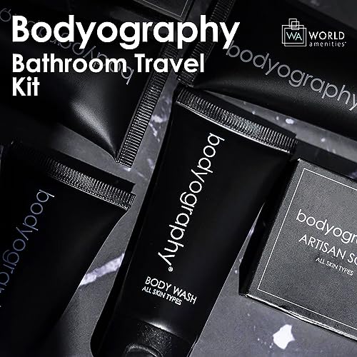 Bodyography Toiletry Kit - 6 Piece Set Shampoo, Conditioner, Body Wash, Lotion, Hand Soap, Massage Bar, Clear Travel Bag