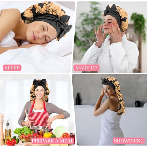 Long Satin Sleep Bonnet for Women & Girls - Soft Silk-Lined Nightcap with Tie - Orange Bat Ao13