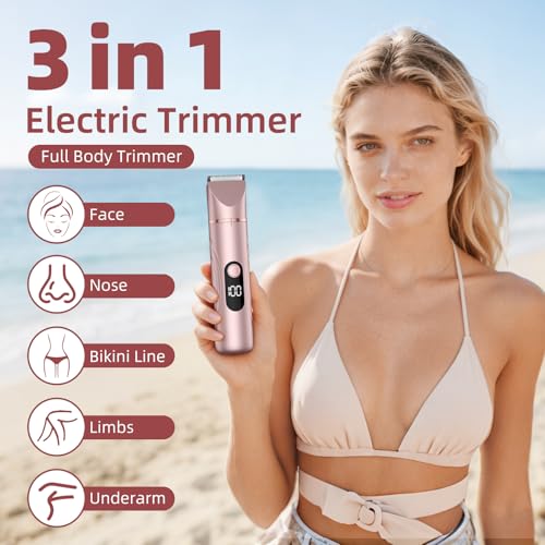 Bikini Trimmer for Women 3 in 1 Electric Shaver Razors Nose Hair Trimmer Waterproof Pubic Hair for Underarm Leg Arm Body (Rose Gold)