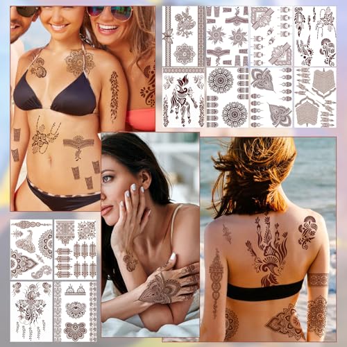 Henna Temporary Tattoos - 12 Sheets Waterproof Lace Mandala Stickers