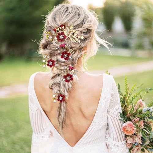 5 PCS Bridal Flower Wedding Hair Pins Crystal Pearl Headpiece Gold Wedding Hair Accessories Jewelry Rhinestone for Brides Bridesmaids Women Girls Updo, Exquisite Flower Leaves&Elegant Burgundy