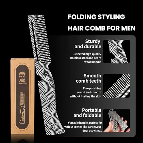 Metal Hair & Beard & Mustache Comb, Multifunctional Folding EDC Pocket Beard Comb With Bottle Opener - Anti-Static for Travel and Everyday Grooming Styling