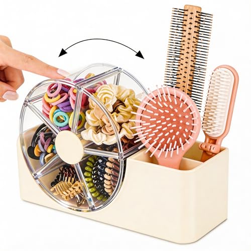 Cream Hair Accessories Organizer with Rotating 5-Section Wheel & 2-Slot Brush Holder