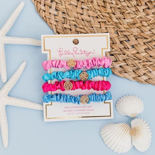 Lilly Pulitzer Satin Scrunchies, 4 Piece Scrunchie Set for Women, Cute Mini Hair Ties, Assorted (Assorted Solids)