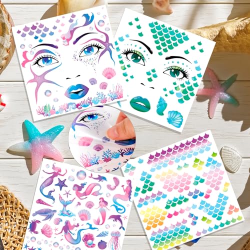HOWAF 4 PCS Summer Face Tattoos, Mermaid Face Sticker Flower Shell Temporary Tattoos Stickers for Fish Mermaid Costume Carnival Halloween Costume Women
