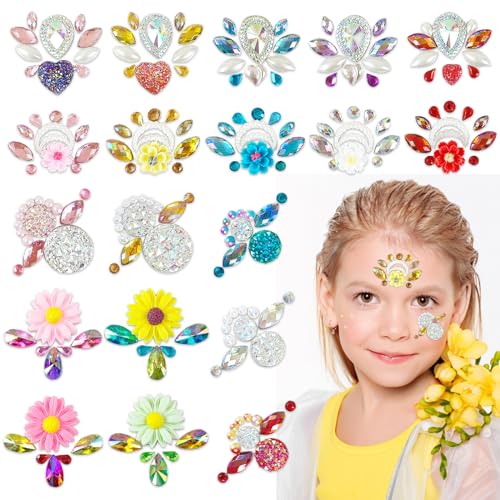 16 Pc Face Gems Rhinestone Stickers 3D Flowers Glitter Tattoo