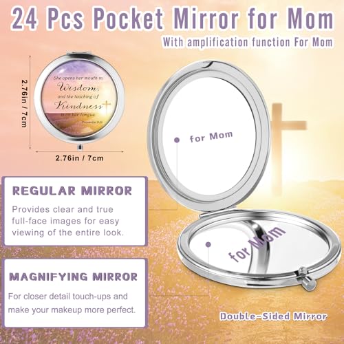 24 Sets Mother's Day Church Gifts Bulk Christian Compact Makeup Mirror Bible Verse Round Pocket Mirror with Gift Cards Organza Bags for Women