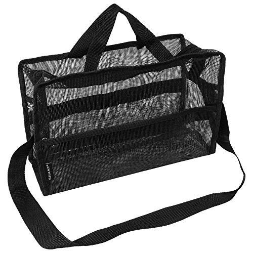 SHANY Collapsible Makeup Tools Travel Mesh Bag ? Large See-Thru Travel Tote with Shoulder Straps ? Water-Resistant with Zippered Pockets ? Black