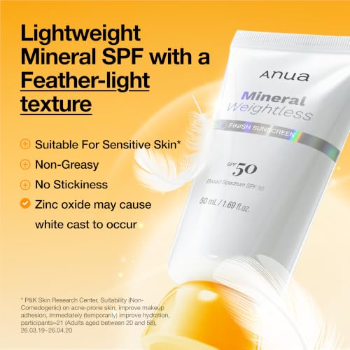 ANUA Mineral Weightless SPF 50 Sunscreen - Fragrance-Free, Travel Size 1.69 fl oz, Original