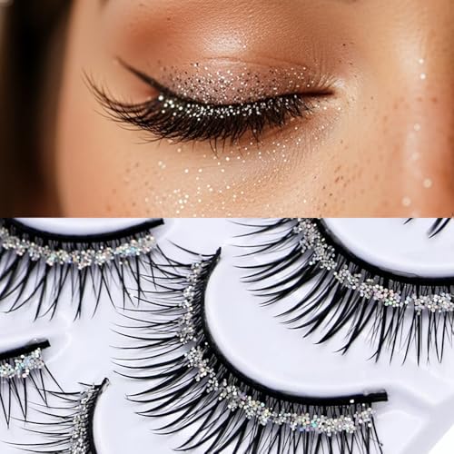 Sparkly Glitter Sequins False Eyelashes Clusters - 5 Pairs Silver