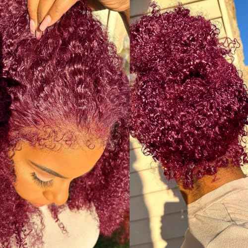 Burgundy Wig Human Hair Hidden Strap 360 Lace Front Wigs Human Hair Deep Wave Invisible Strap Pre Plucked Bleached Knots Glueless Drawstring Curly Human Hair Wig for Women (22inch)
