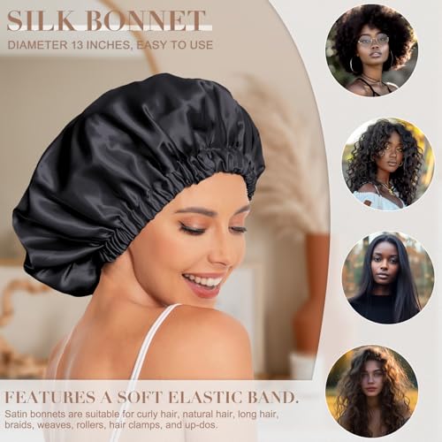 Satin Bonnet Sleep Cap for Curly Hair - 2 Pack Black