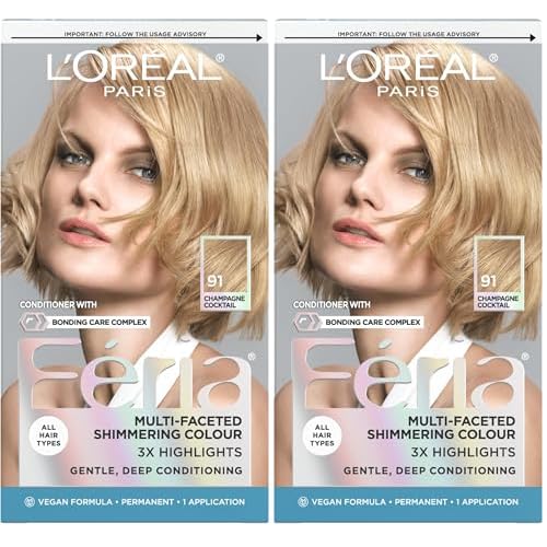 L'Oreal Paris Feria Multi-Faceted Shimmering Permanent Hair Color, 91Champagne Cocktail (Light Beige Blonde), Pack of 2, Hair Dye