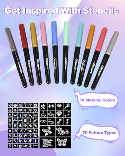 Metallic Temporary Tattoo Pen Kit with 70 Stencils, 10 Colors