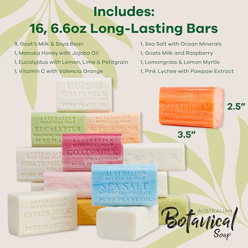 Australian Botanical Soap 16-Bar Set, Goats Milk & Soya Bean 8-Pack + Variety 8-Pack,| 6.6 OZ Triple-Milled Soap Bars with Organic Shea Butter & Sustainable Plant Oils