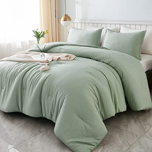 Litanika Queen Comforter Set Sage Green, 3 Pieces Lightweight Solid Bedding Comforters Sets, Double Down Alternative Comforter Bed Set (90x90In Comforter & 2 Pillowcases)