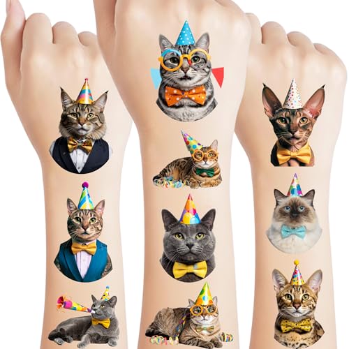 Cat Temporary Tattoos | Birthday Cat Birthday Party Decorations Party Favors Supplies Accessories D?cor Stickers Gift Idea For Kids Teen Boy Girl Adult 60Pcs 4 Sheets Pre-cut