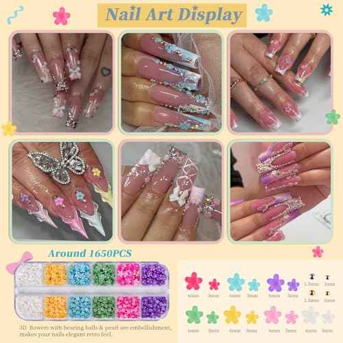 Nail Rhinestones , AB Crystal Nail Gems Flat Back Nail Rhinestones with Nail Pearls Star Heart Bows FLower Nail Charms and Rhinestone Picker Tools for Kwaii Y2K Nail Art Decor - 3 Boxes