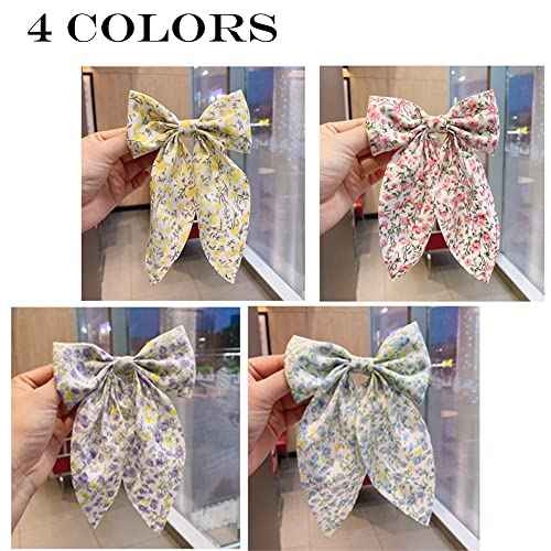 Chiffon Hair Bows for Women Girls,4 PCS Barrette Hair Clip Long Black Ribbon Bows French Style Hair Accessories for Summer (Pink,Yellow,Blue,Purple)