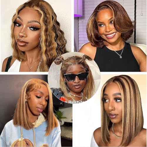 4/27 Ombre Highlight Bob Wig Human Hair 12 inch straight 427 bob wig 13x4 Highlight HD Lace Frontal Bob Wig Human Hair 180% Density Pre Plucked Ombre Short Bob Wigs for Black Women