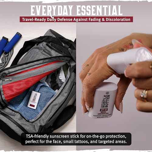 Hustle Butter Tattoo Aftercare Sunscreen Stick - Tattoo Sunscreen Stick, Fade Protection SPF 50, Hydrating with Shea Butter & Coconut Oil, TSA-Friendly, Water Resistant, Non-Greasy, 0.68 oz