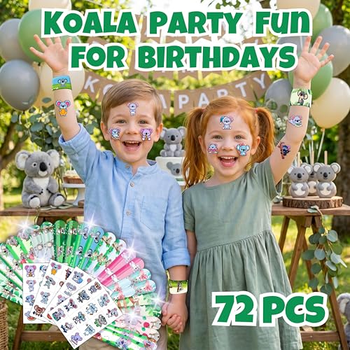 Koala Party Favors Set - 72 PC Bundle with Tattoos & Bracelets