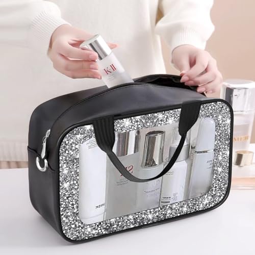 Meetart Clear Makeup Bag.Crushed Diamond Travel Toiletry Bag with Detachable Shoulder Strap.Transparent Cosmetic Bag for Travel, Bathroom Storage.(Black)