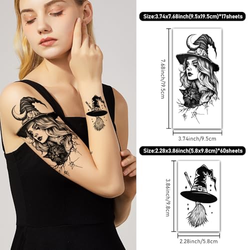 77 Sheets Witch Temporary Tattoos, Halloween Makeup Kit, Scary Half Arm Fake Tattoo Stickers for Adult Women Boy Girl